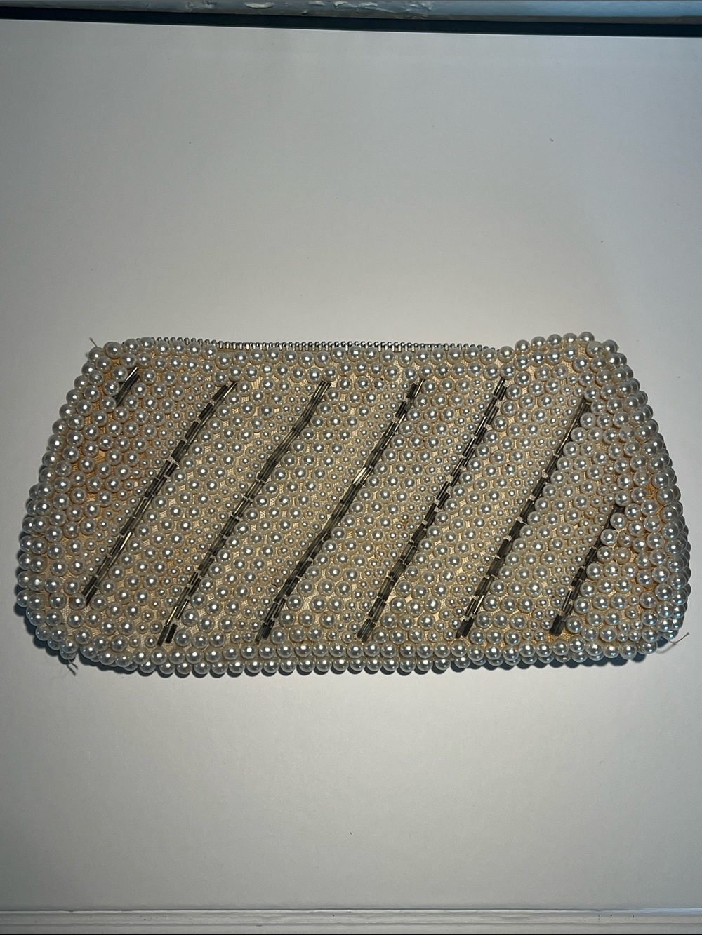 Pearl-Embellished Evening Clutch - Cream Beaded Wristlet Made in Japan 1950s